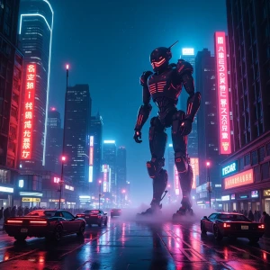 Create a hyper-realistic image of a futuristic neon-lit cityscap...