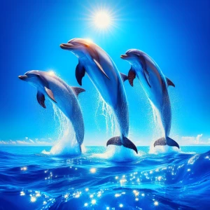 3 dolphins jumping out of the blue ocean on a sunny day.