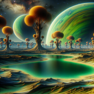 An unknown planet with strange trees and lakes with the purest g...