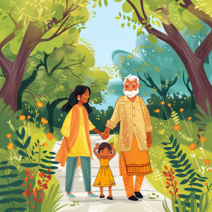 modern indian grandparents and kids going for walk in beautiful...