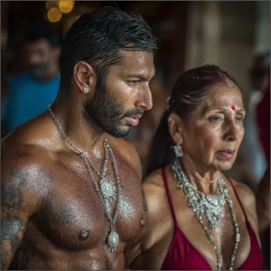 realism photo painting combination,A sweaty beefy kashmiri man w...