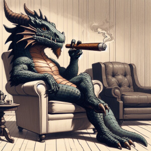 an anthropomorphic dragon relaxing wile smoking a cigar