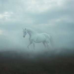 A ghostly horse materializes from the billowing clouds overhead,...