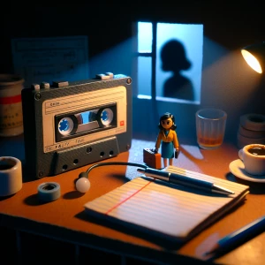 "On a small, cluttered stop-motion dorm desk, a classic miniature cassette recorder sits beside a coffee-stained notebook. The play button is pressed, but the tiny tape inside is mysteriously missing. The journalist figure stands beside it, her tiny plastic eyes wide with realization. In the background, a dark silhouette is visible outside the window, distorted by the reflection of the flickering dorm desk lamp. The stop-motion lighting exaggerates the eerie tension—warm glow on the desk, but ominous blue light from the window."