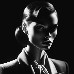 Ultra-realistic noir portrait of a mysterious woman, elegant vin...