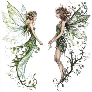 Create a detailed illustration of an enchanting fairy and a capt...