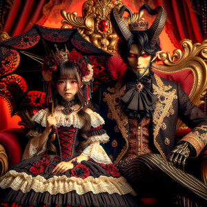 A girl with elegant gothic lolita dress sit beside handsome Lucifer, red background, thrones