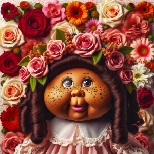 African-American cabbage patch doll with huge dimples, and freckles and flowers in the background