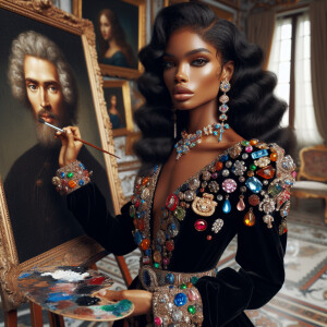 In a high-class, elegantly decorated studio, a very light-skinne...
