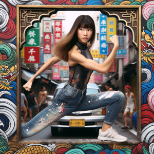 Athletic Thin skinny Attractive, Asian teenage girl, long brown hair and bangs, wearing tight skinny jeans and a halter top paint marks on her clothing, heroic pose Asian graffiti background