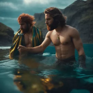 Two muscular, gray-haired, bearded gay mermen with single tails,...