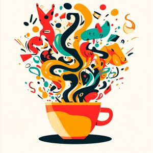 overflowing coffee cup with chaotic swirling steam transforming...