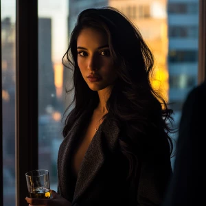 A cinematic, moody evening scene in a modern high-rise apartment...