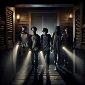 Four teenagers entered a dark gloomy house, their flashlights fl...