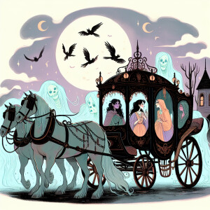 Pastel halloween haunted carriage ride with witches inside the c...
