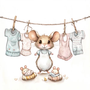 Cute mouse with expressive eyes, hanging laundry on a line which has lots of baby clothing hanging off it on clothing pins. She is adorable and has 2 little baby mice hanging from the line wrapped in blankets. Style is watercolor, with pencil outlines.