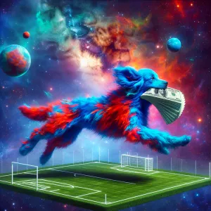 A blue red dog with money colored blue in space and a football f...