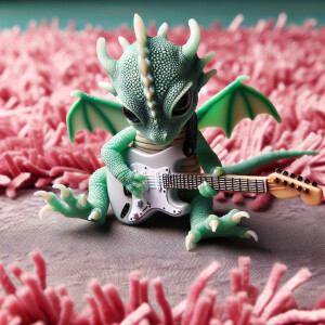 A baby dragon playing the electric guitar on a pink shag carpet.