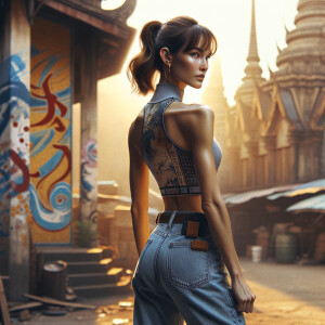 Athletic Thin skinny Attractive, Asian teenage girl, long brown hair and bangs, wearing tight skinny jeans and a halter top paint marks on her clothing, heroic pose Asian graffiti background, backside view