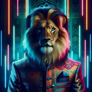 Lion in Indian sherwani, cyberpunk style, neon, front facing por...