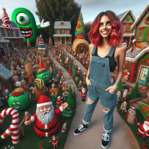 Photorealistic  photo. Whimsical  Christmas scene A happy woman...