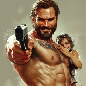 White muscular thin man with beard, big chin, smile and cheekbon...