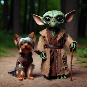 Yoda standing next to a yorki