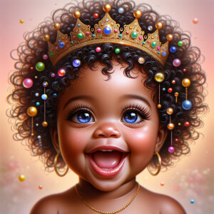 "Create a digital portrait of an adorable african-American baby girl with a joyful expression. She is wearing a gold crown with colorful jewels. Her big, bright blue eyes are wide with wonder, and her tiny mouth is shaped in a happy grin. Her skin has a warm, honey-brown tone, and she has an abundance of thick curly black hair, The background is soft and neutral to keep the focus on her delightful features. The portrait should be vibrant and heartwarming, celebrating the innocence and charm of childhood."