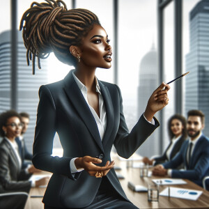 Describe a sophisticated Black woman with a caramel 
complexion, styled locs, and a sleek business suit, leading 
a boardroom discussion on environmental sustainability in 
a sleek urban office building."