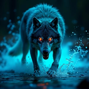 a magnificent bioluminescent wolf  growling, it's mouth open and...