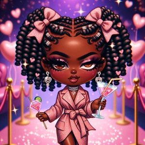 A chibi-style African-American woman with deep mocha skin, rocki...