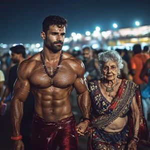 A gujarati muscular man sweat on body walking with his 54 year o...