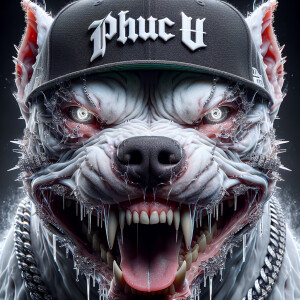 white pitbull face, extremely aggressive, rabid, showing sharp t...