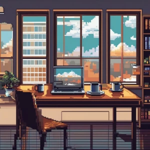 A laptop next to a cup of coffee on a desk in an office studio,...