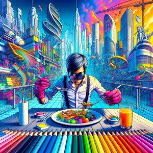 A skinny man wearing a regular shirt and pants, but massive glov...