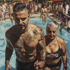 hyperrealistic painting 1:1,a muscular, tattooed, and pierced ma...