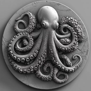 Design a high-contrast grayscale 3d bas relief of a giant octopu...