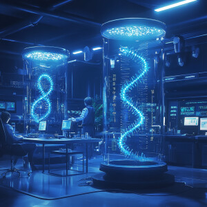 Design a futuristic laboratory scene in a realistic 3D-rendered...