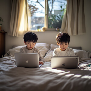 Two boy sitting on the bed and typing on the laptop