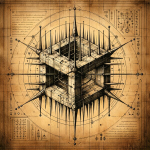 Aged parchment blueprint for a realistic cube with pointy poles...