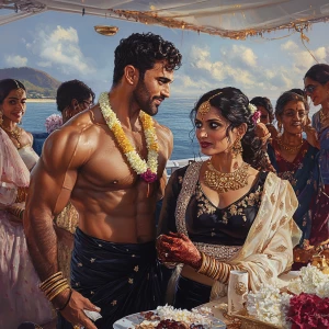 A wedding scene on a luxurious yacht in Goa's waters, depicting...