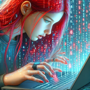 red-haired girl working at a MacBook and making the matrix of th...