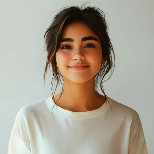 Create a realistic portrait of a cheerful, 22-year-old Mexican w...