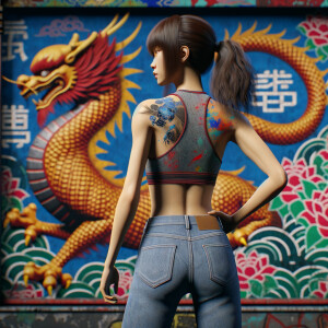 Athletic Thin skinny Attractive, Asian teenage girl, long brown hair and bangs, wearing tight skinny jeans and a halter top paint marks on her clothing, heroic pose Asian graffiti background, backside view