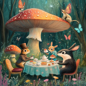 A whimsical illustration of a tea party taking place amongst gia...