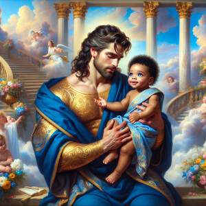 Classical oil painting style depicting an African-American Jesus...