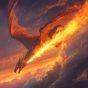 A majestic dragon soaring through the sky, exhaling fierce flame...