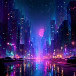Create a  photo of a futuristic neon-lit cityscape at night, dep...