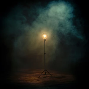 A ghost light on an empty stage. It is a singular lightbulb on t...