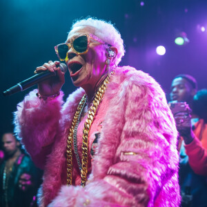 An intense elderly woman performing in a rap battle on stage, cl...